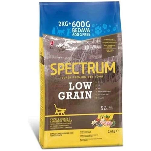 Spectrum Adult Low Grain Chicken, Turkey & Cranberry Formula Tavuklu, Hindili ve Kızılcıklı Az Tahıllı Yetişkin Kedi Maması 2 Kg + 600 Gr Bedava