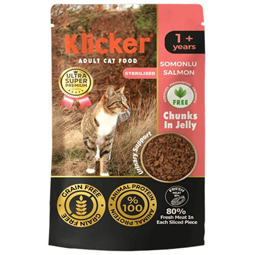 Klicker Pouch Sterilised Salmon Somonlu Tahılsız Kısırlaştırılmış Kedi Yaş Maması 85 Gr