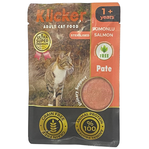 Klicker Pouch Sterilised Salmon Somonlu Pate Tahılsız Kısırlaştırılmış Kedi Yaş Maması 85 Gr
