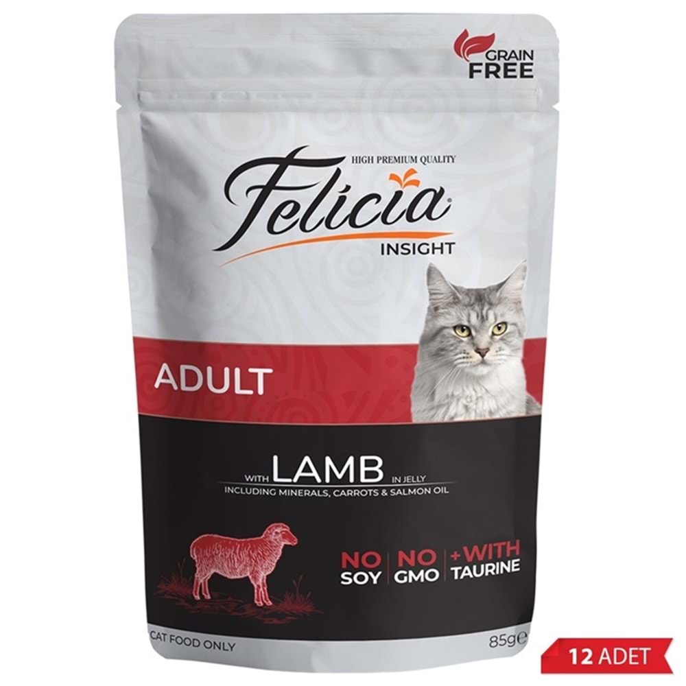 Felicia Pouch Adult With Lamb In Jelly Tahılsız Jöle İçinde Kuzu Etli Yetişkin Kedi Yaş Maması 12x85 Gr